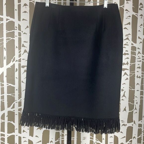 Ellen Tracy Fringe Trim Wool Felt Pencil Skirt 12 Black - Picture 2 of 8